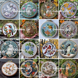 May include: A collection of 12 embroidery hoops featuring various animal and nature designs. The hoops are all 5 inches in diameter and feature a variety of colors and textures. Some of the designs include a deer, a turtle, a penguin, a sloth, a butterfly, a fish, a cardinal, a bear, a seal, a bird, and a giraffe.