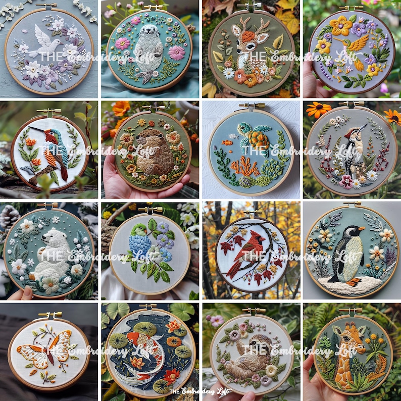 May include: A collection of 12 embroidery hoops featuring various animal and nature designs. The hoops are all 5 inches in diameter and feature a variety of colors and textures. Some of the designs include a deer, a turtle, a penguin, a sloth, a butterfly, a fish, a cardinal, a bear, a seal, a bird, and a giraffe.