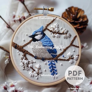 Può includere: Arte di ricamo a cerchio con un ghiandaia azzurra appollaiata su un ramo con fiori bianchi. Il ricamo è realizzato in tonalità di blu, bianco e marrone su un tessuto bianco.