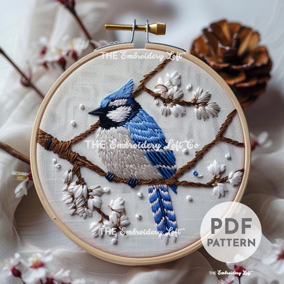 Blue Jay Hand-Embroidered Brooch Pin Blue Jay Hand-Embroidered Brooch Pin