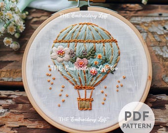 Floral Hot Air Balloon Hand Embroidery Pattern, Adventure Embroidery Pattern, Floral, Summer Pattern, Hand Embroidery, Hand Embroidery PDF