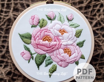 花の刺繍パターン：ワイルドルピナスとシャクヤクのブーケ 8インチ