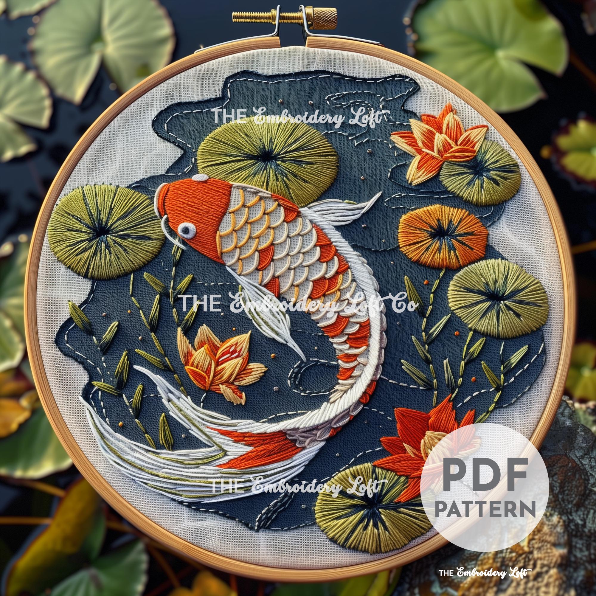 刺繍画　「鯉」 鯉の手刺繍パターン、魚の模様、日本の刺繍、日本の鯉、手刺繍