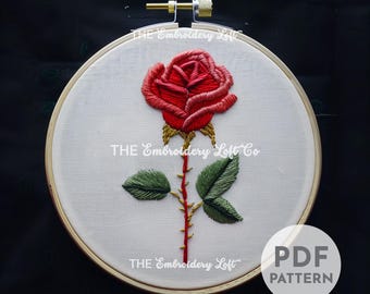 バラの手刺繍パターン、赤いバラの刺繍パターン、バラのデザイン、6月