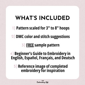 Pode incluir: Uma lista do que est&aacute; inclu&iacute;do em um download de padr&atilde;o de bordado. A lista inclui um padr&atilde;o dimensionado para aros de 3" a 8", sugest&otilde;es de cores e pontos DMC, um padr&atilde;o de amostra gratuito, um guia para iniciantes em bordado em ingl&ecirc;s, espanhol, franc&ecirc;s e alem&atilde;o, e uma imagem de refer&ecirc;ncia de bordado conclu&iacute;do para inspira&ccedil;&atilde;o.