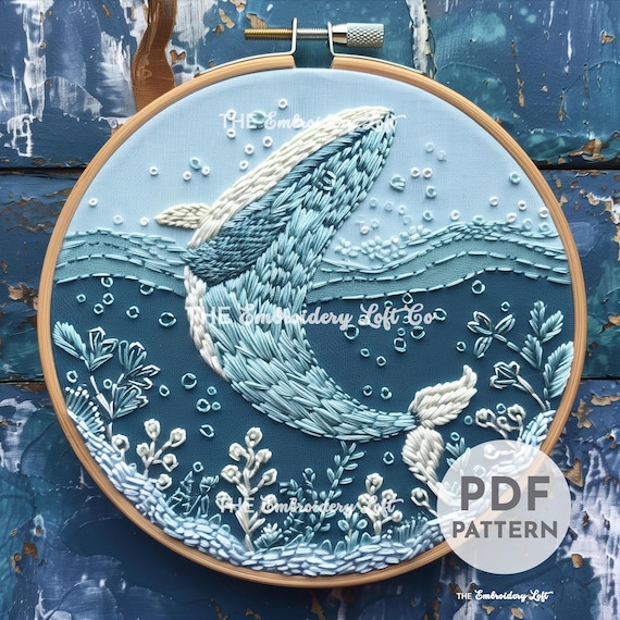 クジラとサンゴの刺繍タペストリー シロナガスクジラの手刺繍パターン、クジラの模様、海の模様、手刺繍