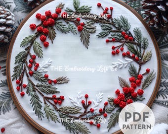 Christmas Wreath Hand Embroidery Pattern, Christmas Embroidery Pattern, Winter Wreath, Mistletoe Wreath, Hand Embroidery Pattern PDF