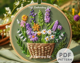 野の花のバスケットの手刺繍パターン、花のバスケット、花のバスケット