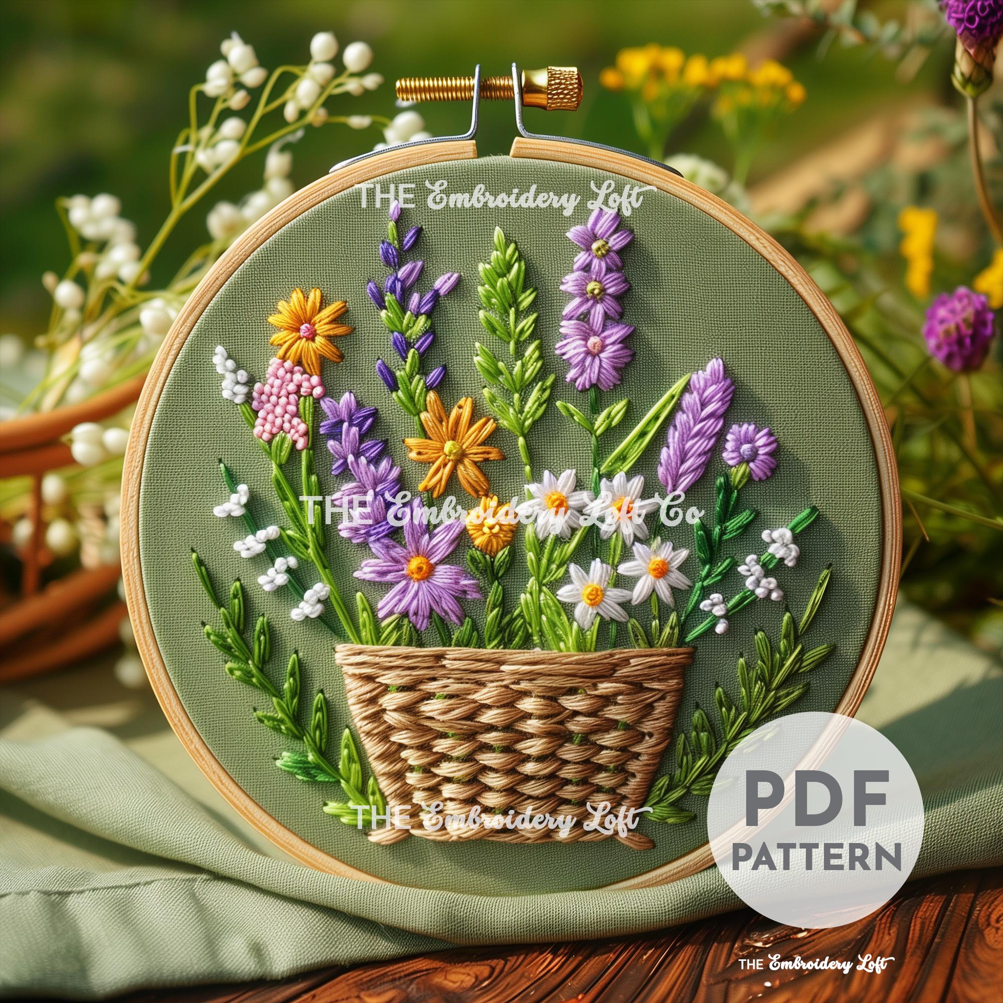 野の花のバスケットの手刺繍パターン、花のバスケット、花のバスケット