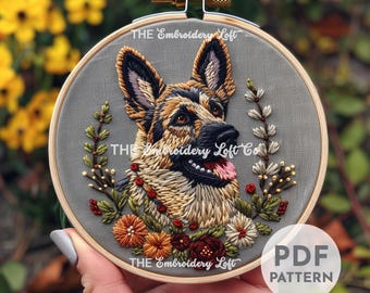 German Shepherd Hand Embroidery Pattern, Shepherd Dog, Dog Embroidery, Pet Embroidery, Cute Dog, Hand Embroidery Pattern PDF, Advanced Skill