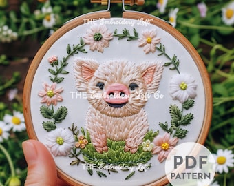 Baby Pig Hand Embroidery Pattern, Floral Pig Pattern, Cute Pig, Farm Life Pattern, Hand Embroidery Pattern PDF, Farm Animal Embroidery
