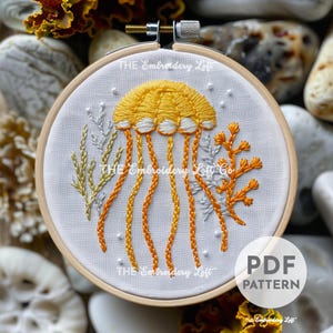 Yellow Jellyfish Hand Embroidery Pattern, Jellyfish Embroidery Design, Ocean Pattern, Hand Embroidery Pattern PDF, Ocean Wildlife Embroidery