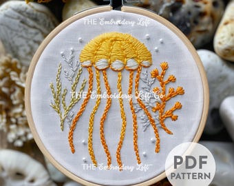 Yellow Jellyfish Hand Embroidery Pattern, Jellyfish Embroidery Design, Ocean Pattern, Hand Embroidery Pattern PDF, Ocean Wildlife Embroidery