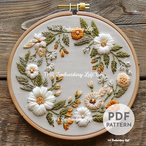オレンジと白のリースの手刺繍パターン、花のデザイン、花のパターン、花のリースのパターン、手刺繍パターン PDF