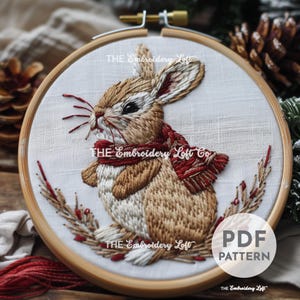 Winter Bunny Hand Embroidery Pattern, Rabbit with Scarf, Christmas Rabbit, Christmas Embroidery Pattern, Hand Embroidery Pattern PDF
