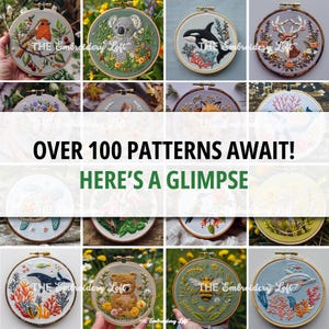 May include: A collage of 12 embroidery hoop designs featuring various animals and nature scenes. The text "OVER 100 PATTERNS AWAIT! HERE'S A GLIMPSE" is displayed in the center of the image.