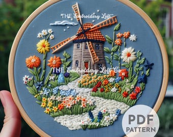 Dutch Windmill Hand Embroidery Pattern, Windmill and Flowers, Windmill Embroidery, Summer Pattern, Hand Embroidery Pattern PDF, Advanced
