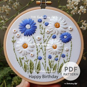 Happy Birthday Hand Embroidery Pattern, Daisies Embroidery Pattern, Birthday Embroidery Pattern, Hand Embroidery Pattern PDF, Beginner