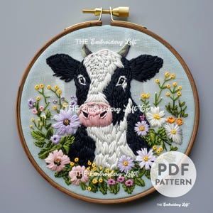 Floral Cow Hand Embroidery Pattern, Cow Pattern, Farm Life Pattern, Hand Embroidery Pattern PDF, Farm Animal Embroidery, Beginner Embroidery
