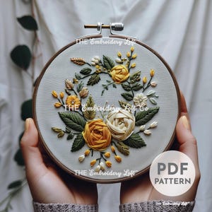 秋のバラの手刺繍パターン、バラのパターン、花柄、花の花束、手刺繍パターン PDF、初心者向け刺繍