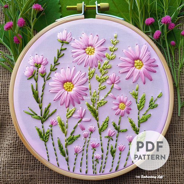 Pink Daisies Hand Embroidery Pattern, Daisies Pattern, Pink Flowers, Floral Embroidery, Wildflowers, Hand Embroidery Pattern PDF, Beginner