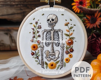 Spooky Skeleton Hand Embroidery Pattern, Skeleton Embroidery, Halloween Embroidery Pattern, Hand Embroidery Pattern PDF, Beginner Embroidery