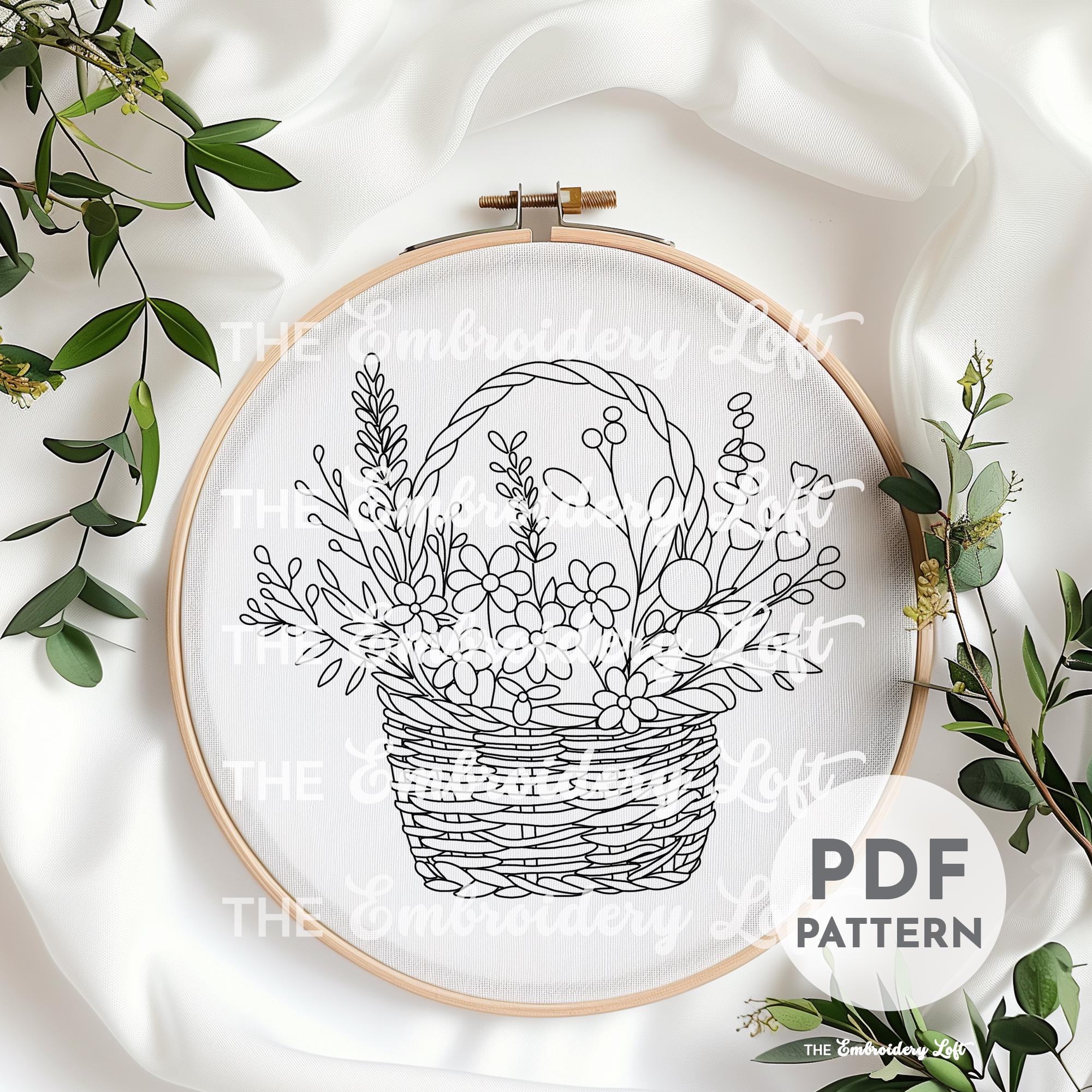 フラワーバスケットの手刺繍パターン、花のバスケット、花かご、野の花