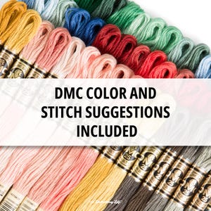 Pode incluir: Um close-up de uma variedade de carret&eacute;is de fio de bordado DMC em diferentes cores, incluindo amarelo, rosa, vermelho, verde e azul. O texto "DMC COLOR AND STITCH SUGGESTIONS INCLUDED" est&aacute; impresso em um ret&acirc;ngulo branco no centro da imagem.