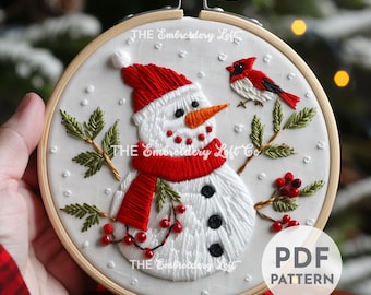Schneemann und Kardinal Handstickerei Muster, Rote Kardinal Muster, Schneemann Muster, Weihnachtsstickerei Muster, Handstickerei PDF