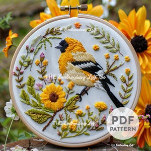 Goldfinch Hand Embroidery Pattern, American Goldfinch Bird, Finch Bird, Bird Pattern, Hand Embroidery Pattern PDF, Wildlife Embroidery