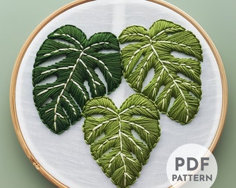 Monstera Hand Embroidery Pattern, Monstera leaf, House Plants Pattern, Houseplant Embroidery, Hand Embroidery, Hand Embroidery PDF, Beginner