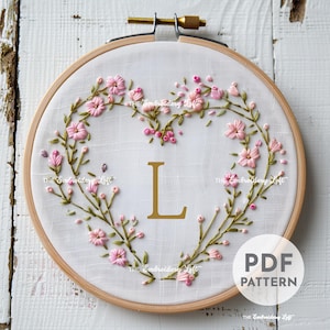 Letra L para bordado de San Valentín, adorno de bordado inicial personalizado, regalo de bordado con monograma, patrón de bordado a mano en PDF, para principiantes