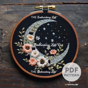 Floral Moon Hand Embroidery Pattern, Wiccan Moon, Mystical Crescent Moon Pattern, Floral Moon Design, Hand Embroidery Pattern PDF, Beginner