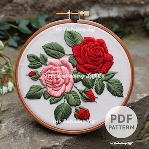バラの手刺繍パターン、赤いバラの刺繍パターン、バラ、6月の誕生花、花束の刺繍、手刺繍PDF、初心者