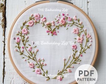 Blue Floral Heart Wreath Hand Embroidery Pattern, Heart Shaped Wreath ...