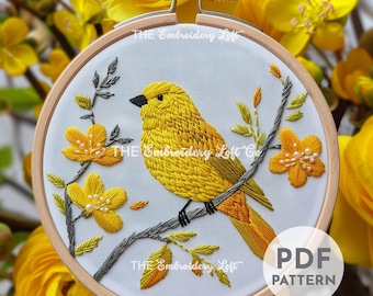 カナリア刺繍テンプレート、モダン刺繍アート、鳥の刺繍チャート
