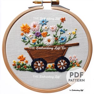 Bloemen kruiwagen handborduurpatroon, kruiwagenborduurwerk, bloemenborduurwerk, tuinontwerp, handborduurpatroon pdf, beginner