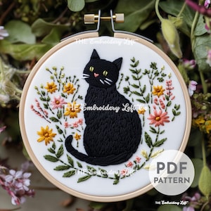黒猫の手刺繍パターン、黒猫のデザイン、猫の刺繍、ペットの刺繍、かわいい猫、手刺繍パターンPDF、猫好きへのギフト