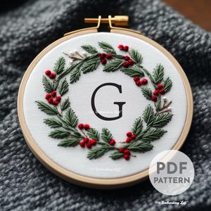 Design de enfeite de Natal com letra G, enfeite de bordado inicial personalizado, bordado de monograma, padrão de bordado à mão em PDF, iniciante