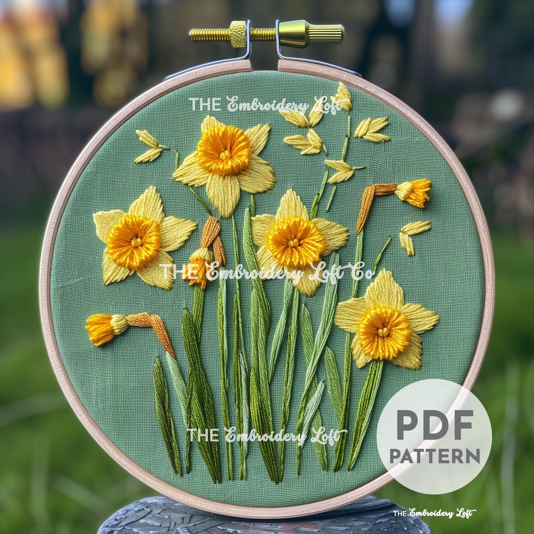 黄色い水仙の手刺繍パターン、水仙のパターン、水仙の刺繍、黄色い水仙