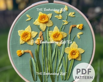 黄色い水仙の手刺繍パターン、水仙のパターン、水仙の刺繍、黄色い水仙