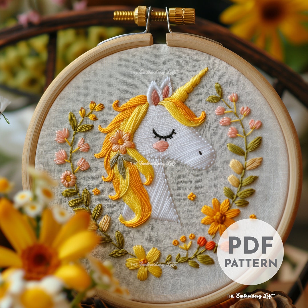 Yellow Unicorn Hand Embroidery Pattern, Unicorn Embroidery Pattern ...