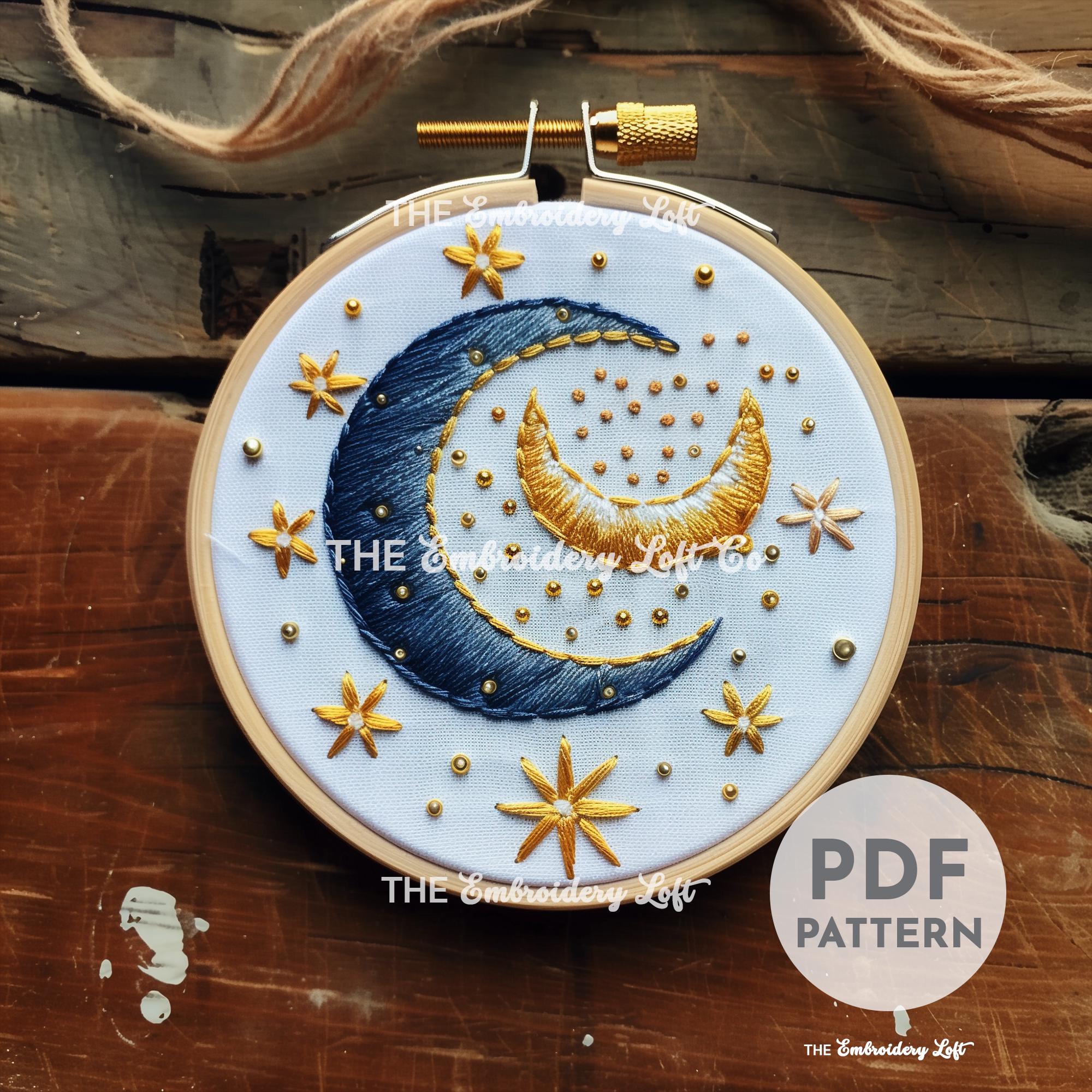 三日月手刺繍パターン、神秘的な三日月パターン、月と星のパターン、手