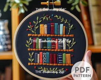 Blumen Bücherregal Handstickerei Muster, Buchliebhaber Stickerei, Blumenstickerei, Geschenk für Bücherliebhaber, Handstickerei Muster PDF, DIY