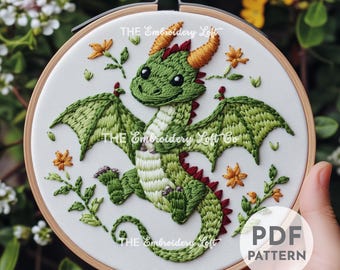Green Baby Dragon Hand Embroidery Pattern, Dragon Embroidery Pattern, Mythical Embroidery, Gift for Book Lover, Hand Embroidery Pattern PDF