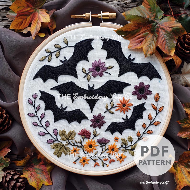 Floral Bats Hand Embroidery Pattern, Halloween Embroidery Pattern, Bats ...