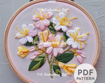 ハイビスカスの刺繍パターン、手刺繍チュートリアル、トロピカルアート