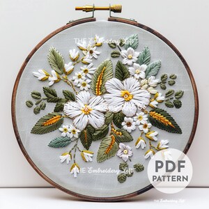 春の花の手刺繍パターン、白い花のパターン、花柄、花束、手刺繍、手刺繍PDF、初心者、DIY