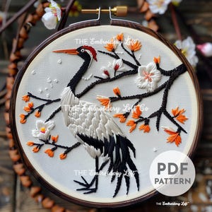 Crane Hand Embroidery Pattern, Crane Bird Pattern, Japanese Embroidery, Japanese Bird, Japanese Red Crane, Hand Embroidery Pattern PDF