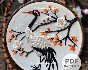 鶴の手刺繍パターン、鶴の鳥のパターン、日本の刺繍、日本の鳥、日本の